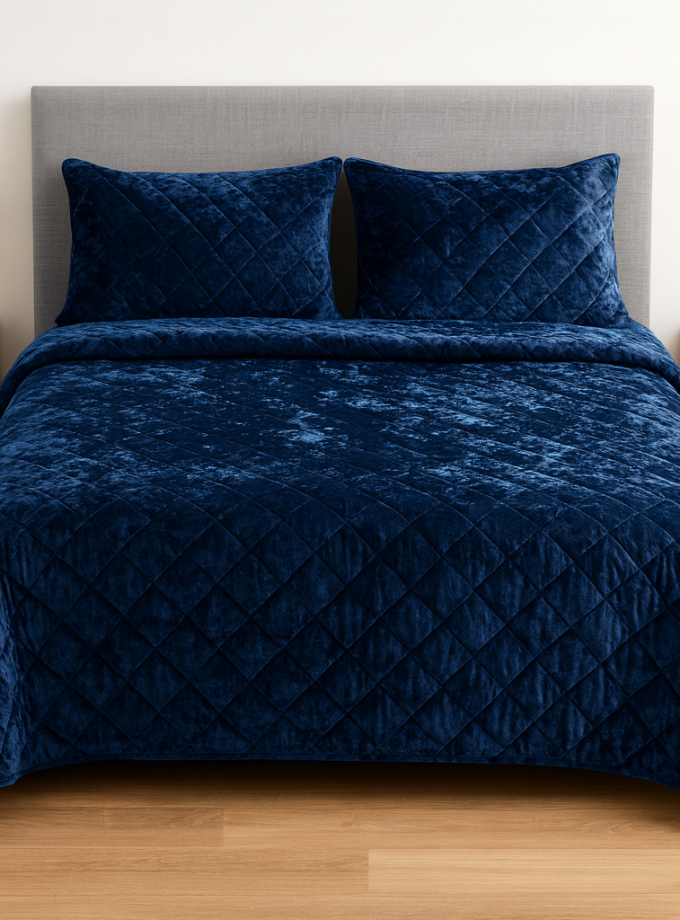 Σετ Κουβερτόν Βελούδο 220x240 Cosmin QuiltSet Navy Blue